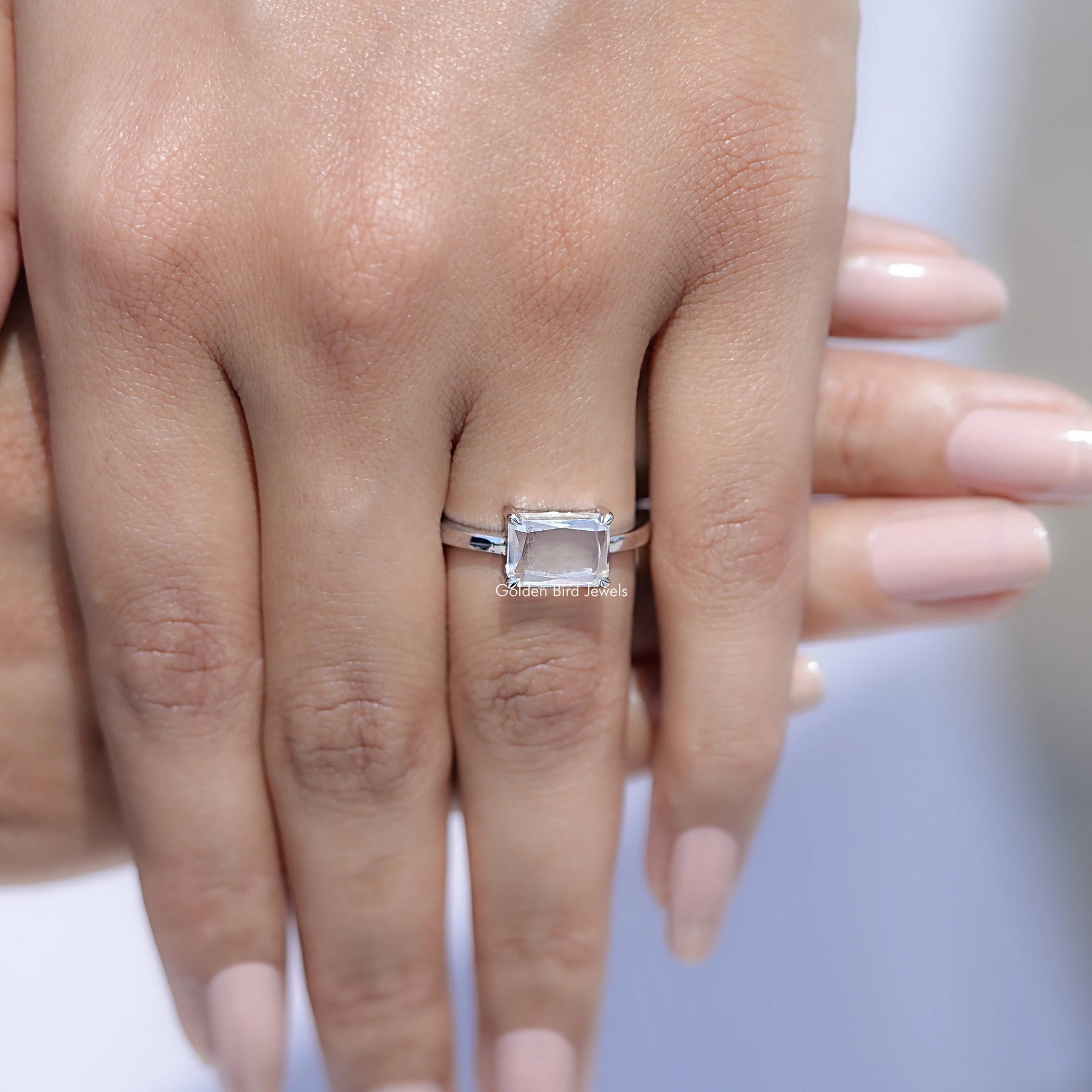 East West Portrait Radiant Moissanite Solitaire Ring