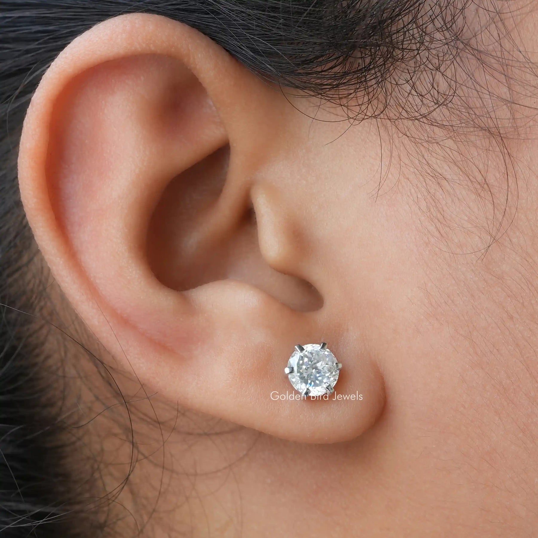 [In ear front view portuguese cut stud earrings made of vvs clarity]-[Golden Bird Jewels]
