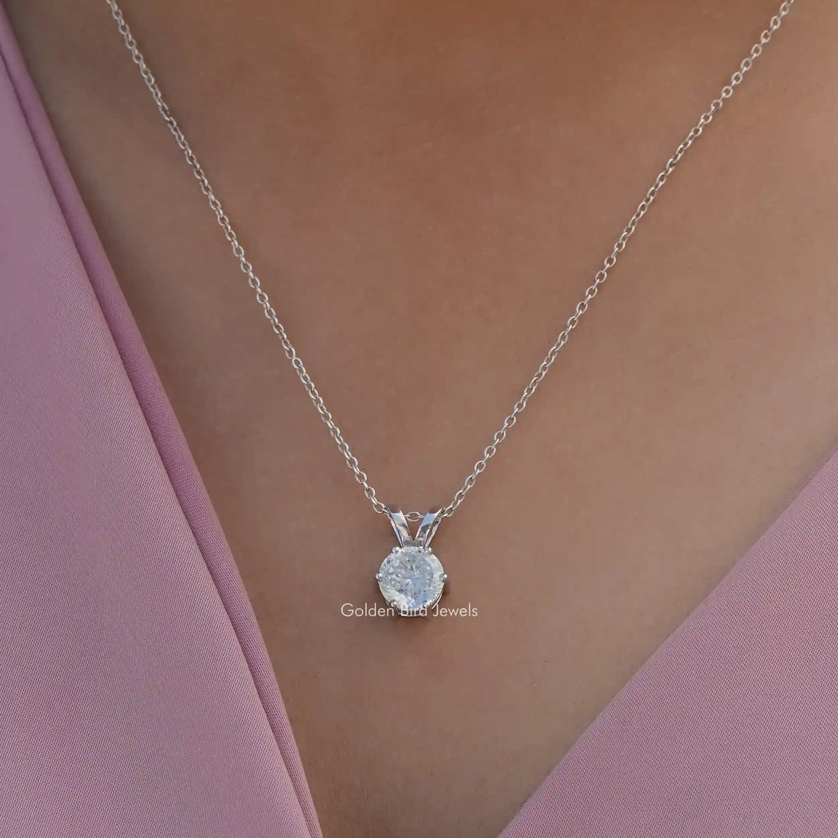 In neck front view of Portuguese cut moissanite pendant