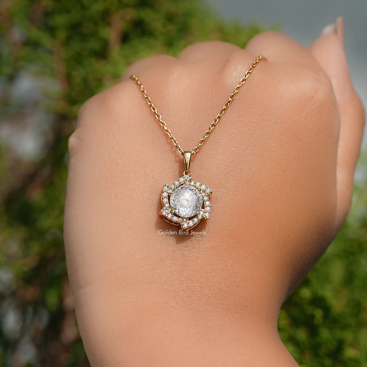 Portuguese Cut Moissanite Halo Pendant For Her