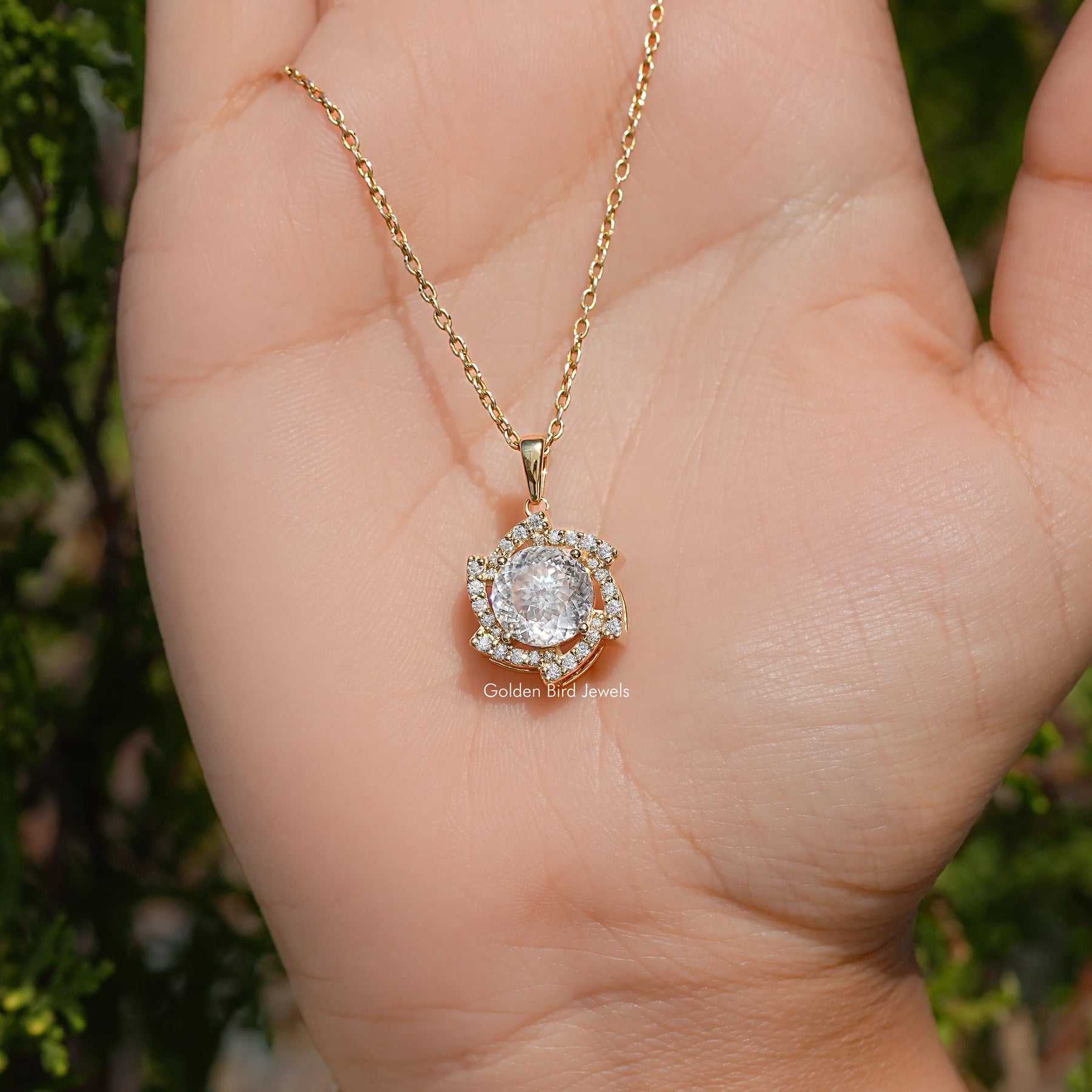 Portuguese Cut Moissanite Halo Pendant For Her