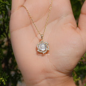 Portuguese Cut Moissanite Halo Pendant For Her