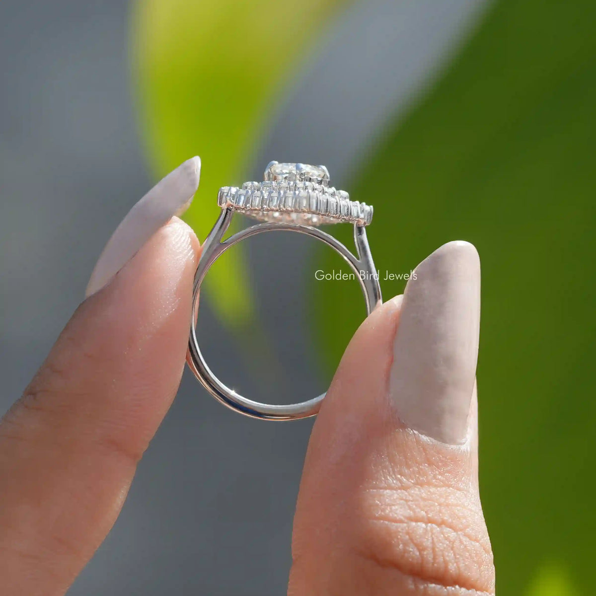 Back View A Moissanite Portuguese Cut Antique Cluster Engagement Ring on a two fingers