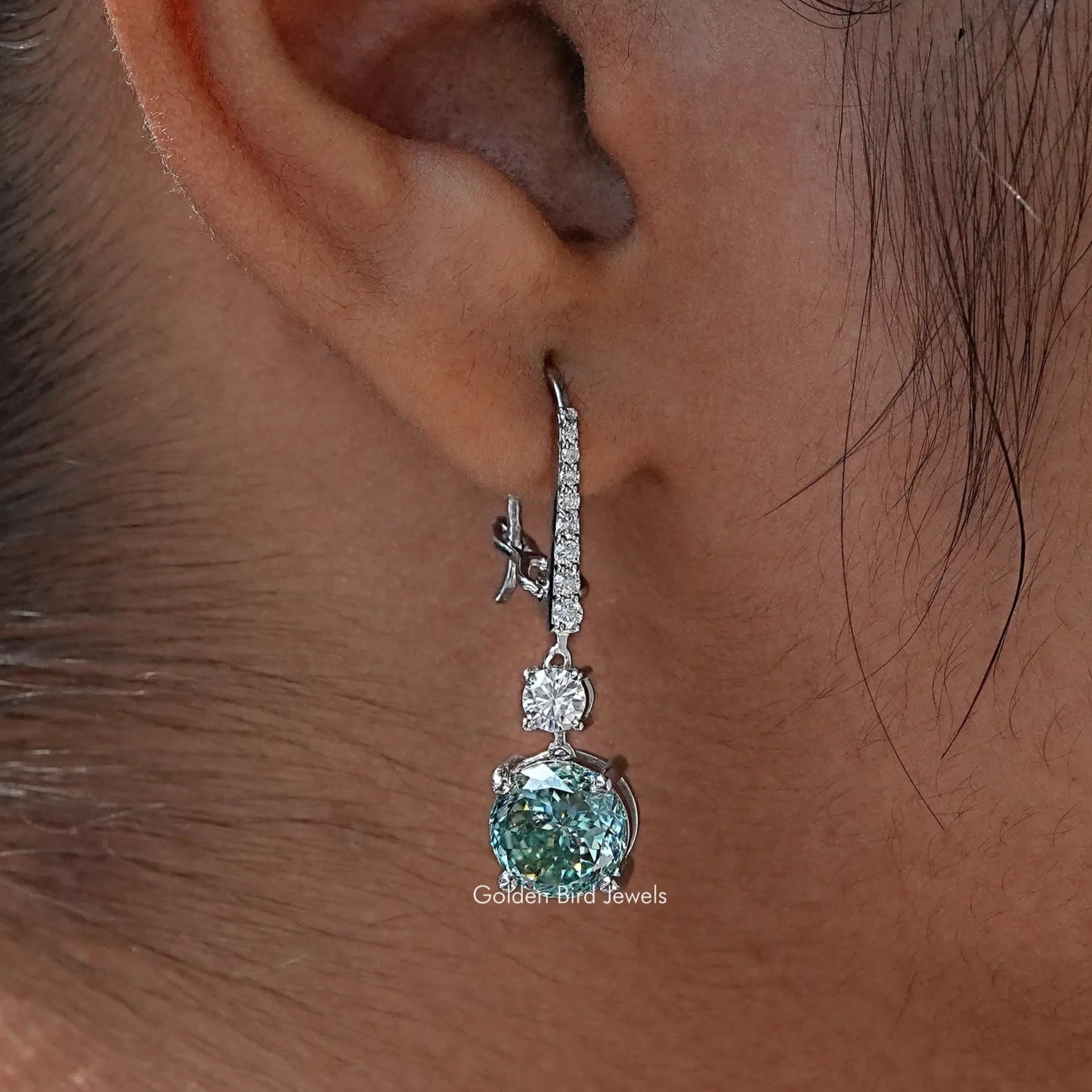 [Cyan Blue Portuguese Round Cut Moissanite Earrings]-[Golden Bird Jewels]