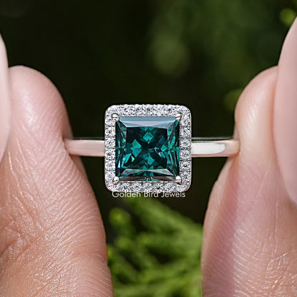 Green Square Moissanite Gemstone Halo Engagement Ring