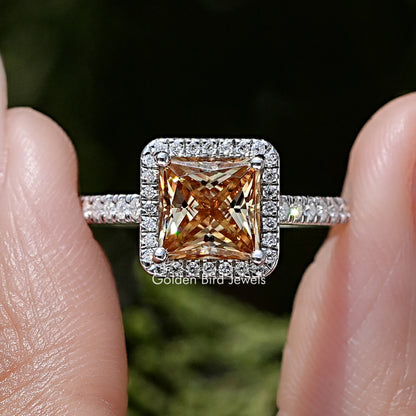 Champagne Princess Moissanite Accent Halo Ring