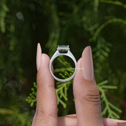 Green Square Moissanite Gemstone Halo Engagement Ring