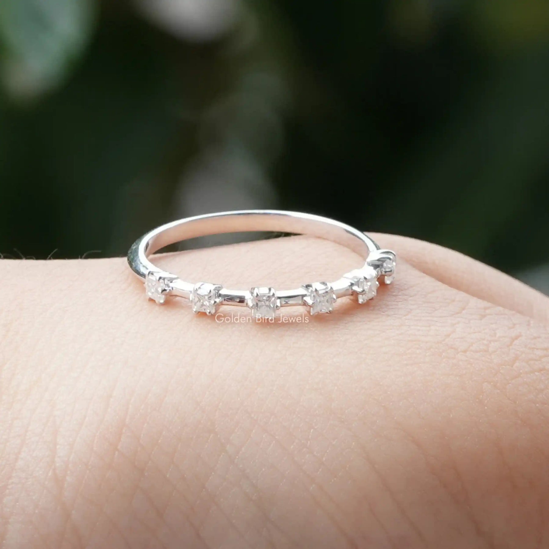 [This half eternity wedding band madeof princess cut stones and white gold]-[Golden Bird Jewels]