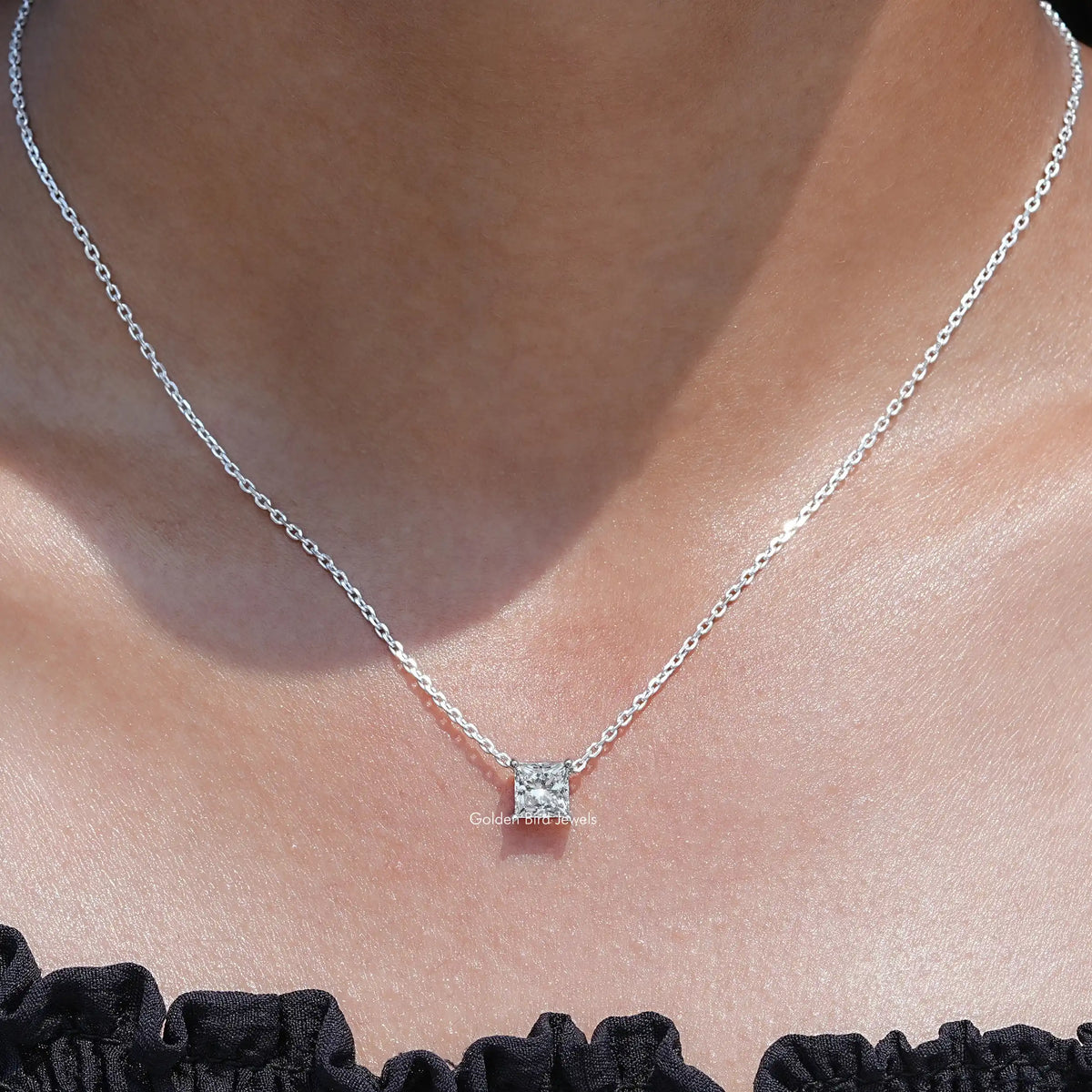 View of lab grown diamond Princess cut pendant