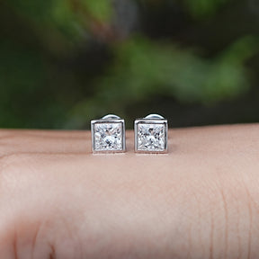 Bezel Set Princess Lab Diamond Stud Earrings