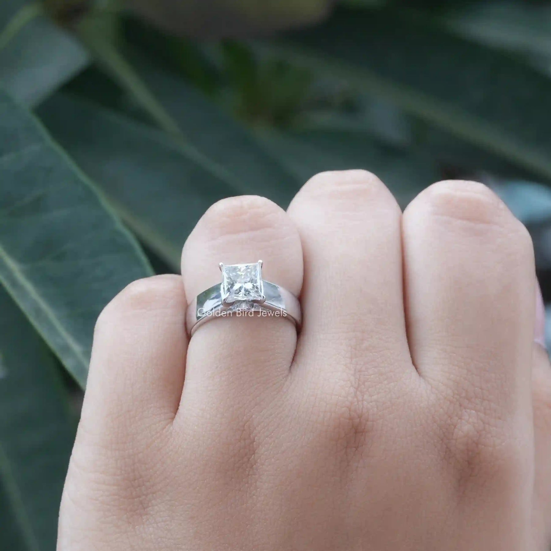 [Colorless Moissanite Princess Cut Engagement Ring]-[Golden Bird Jewels]