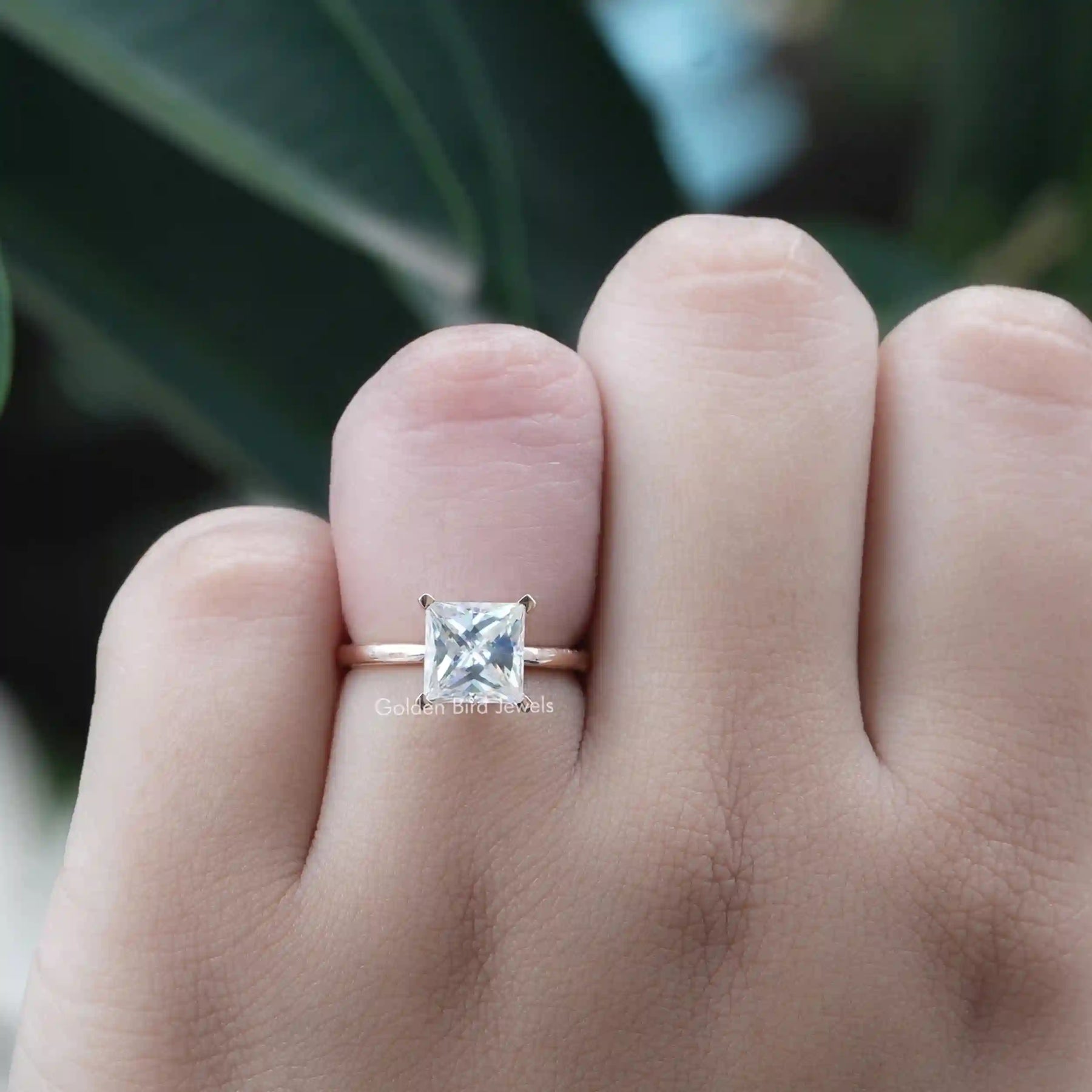[Solitaire Princess Cut Moissanite Ring In Prong Setting]-[Golden Bird Jewels]