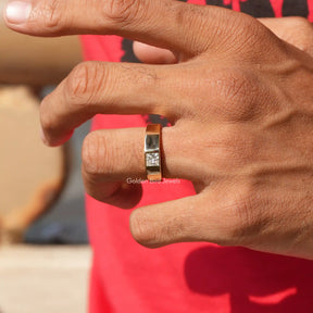 Detailed View Of Men's Princess Cut Moissanite Ring In Yellow Gold