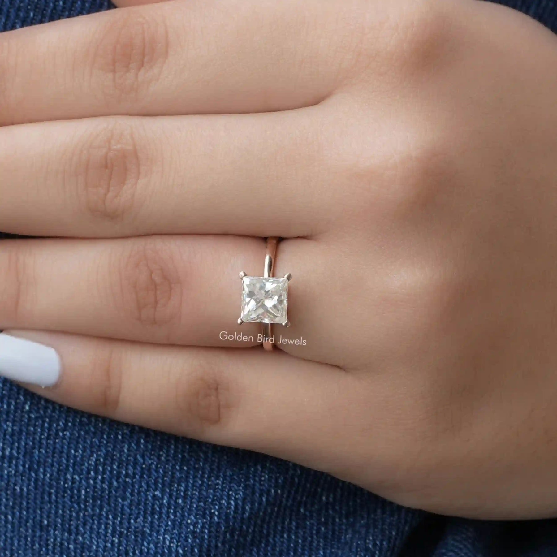 [Colorless Princess Cut Moissanite Ring In Prong Setting]-[Golden Bird Jewels]