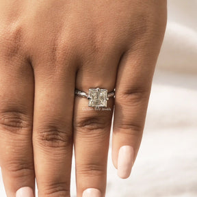 [In finger front view of princess cut solitaire moissanite ring]-[Golden Bird Jewels]