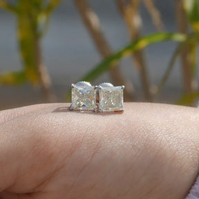 [Front view of princess cut stud earrings]-[Golden Bird Jewels]