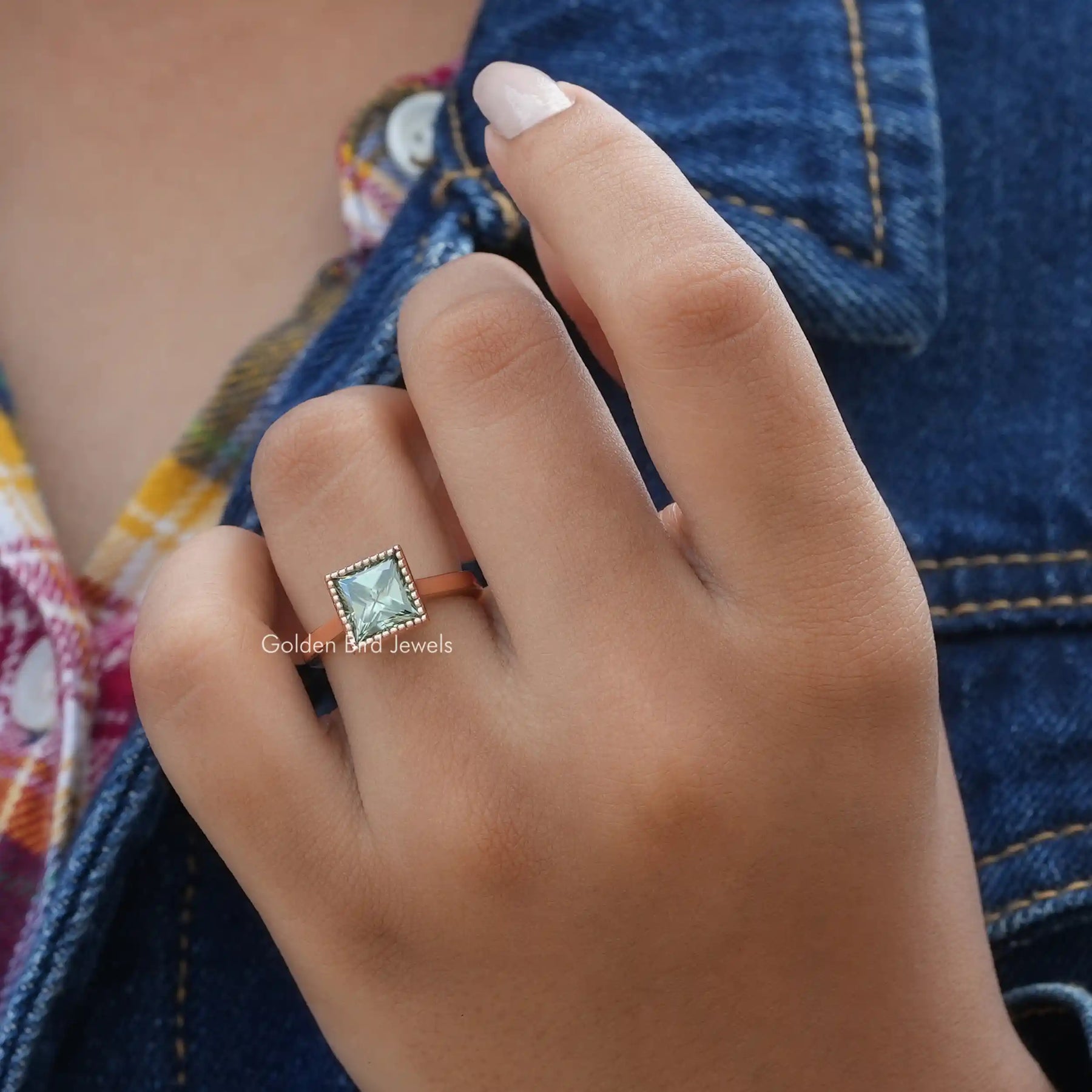 [In finger front view of mint green princess cut stone made of rose gold]-[Golden Bird Jewels]