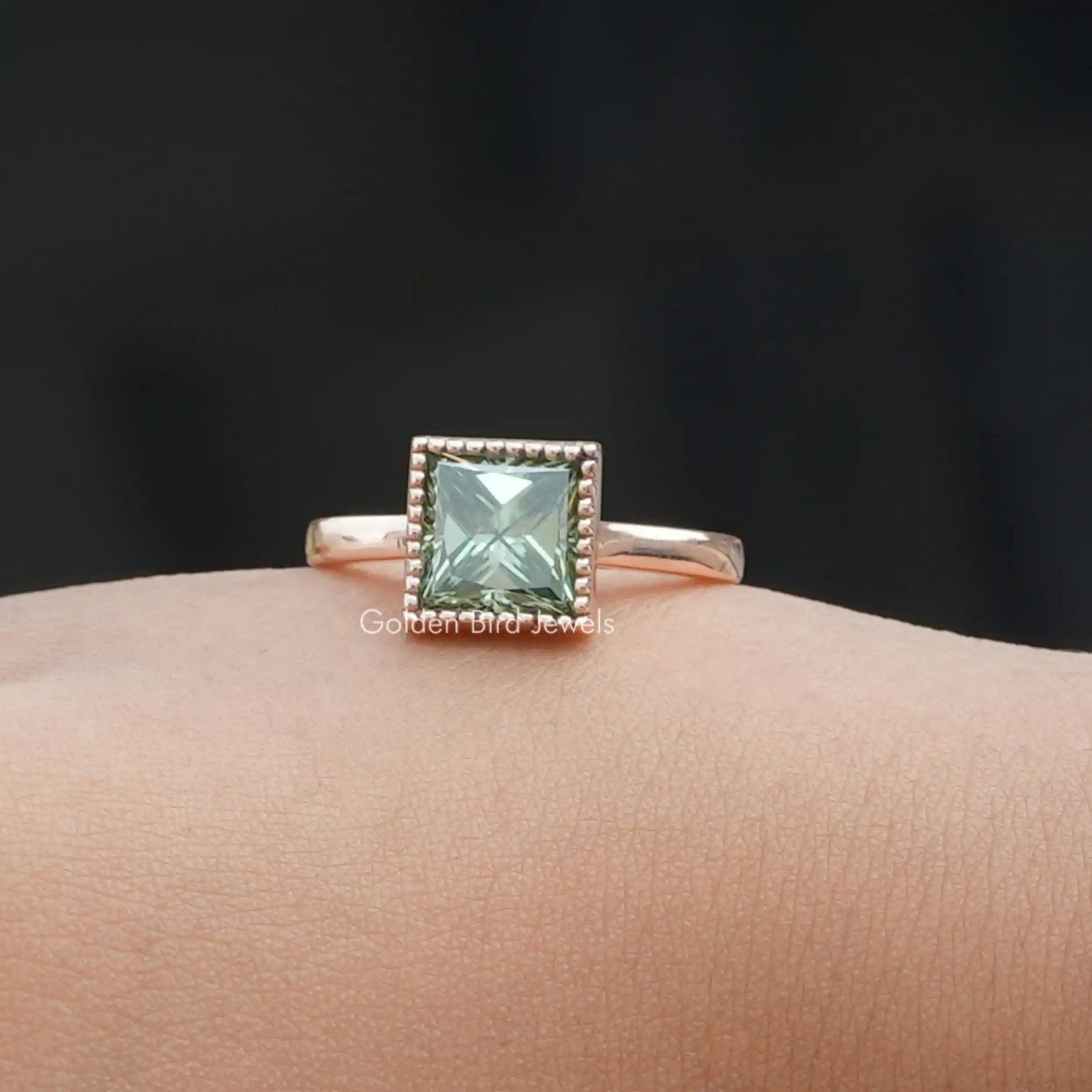 [Mint Green Princess Cut Wedding Ring In 14k Rose Gold]-[Golden Bird Jewels]