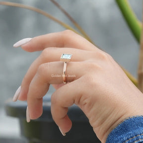 [in finger side view of mint green moissanite wedding ring set in bezel setting]-[Golden Bird Jewels]