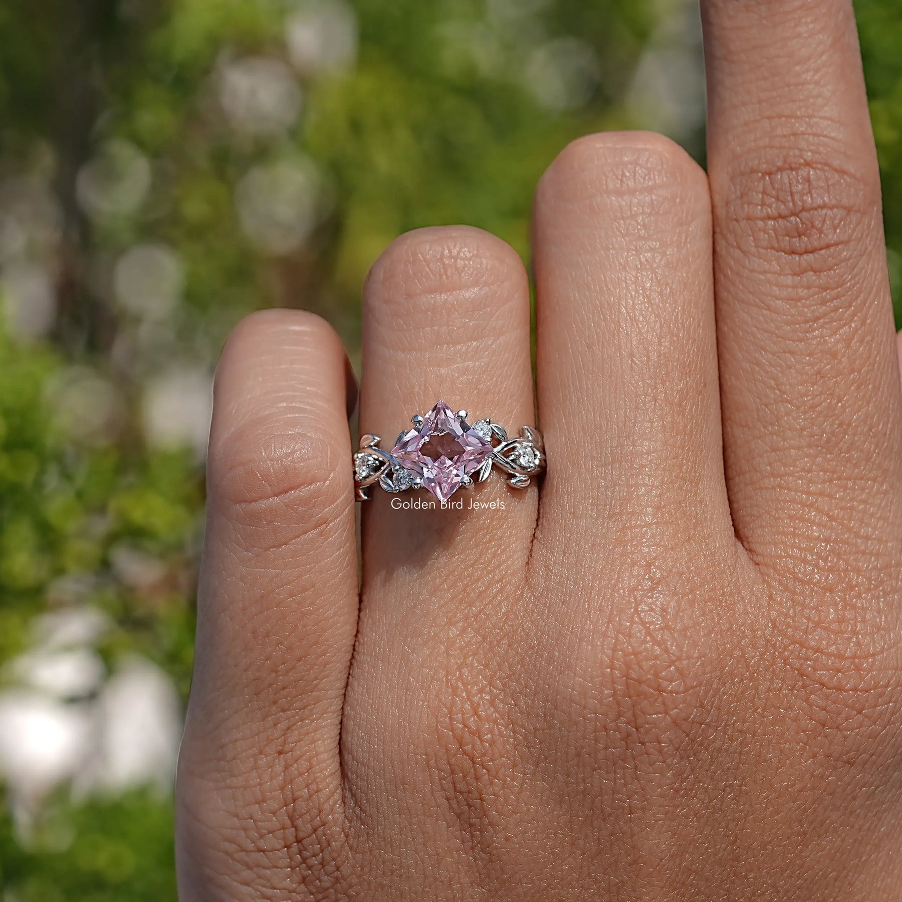 Princess Lab Gemstone Leaf Style Engagement Ring