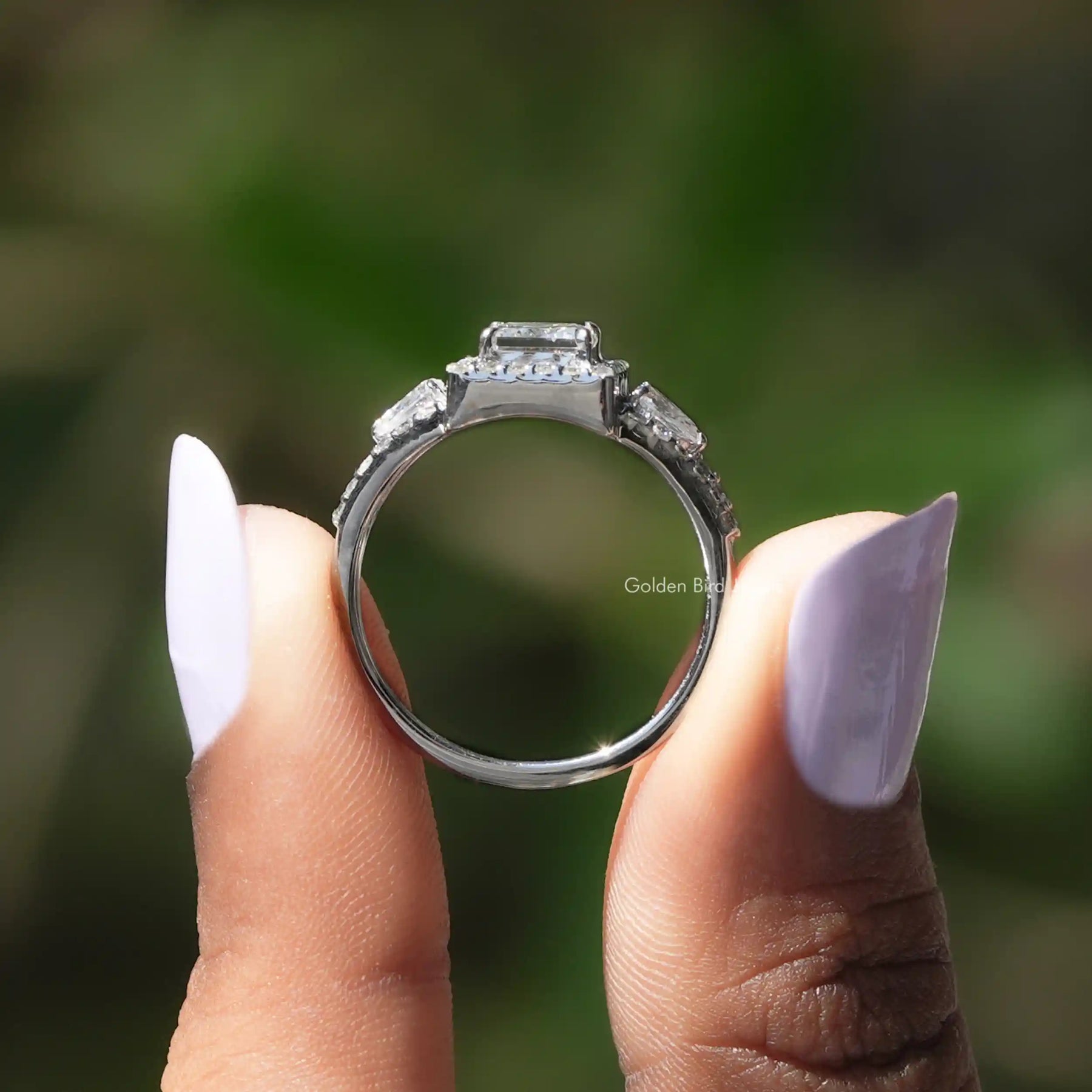 Princess Cut Three Stone Halo Engagement Ring