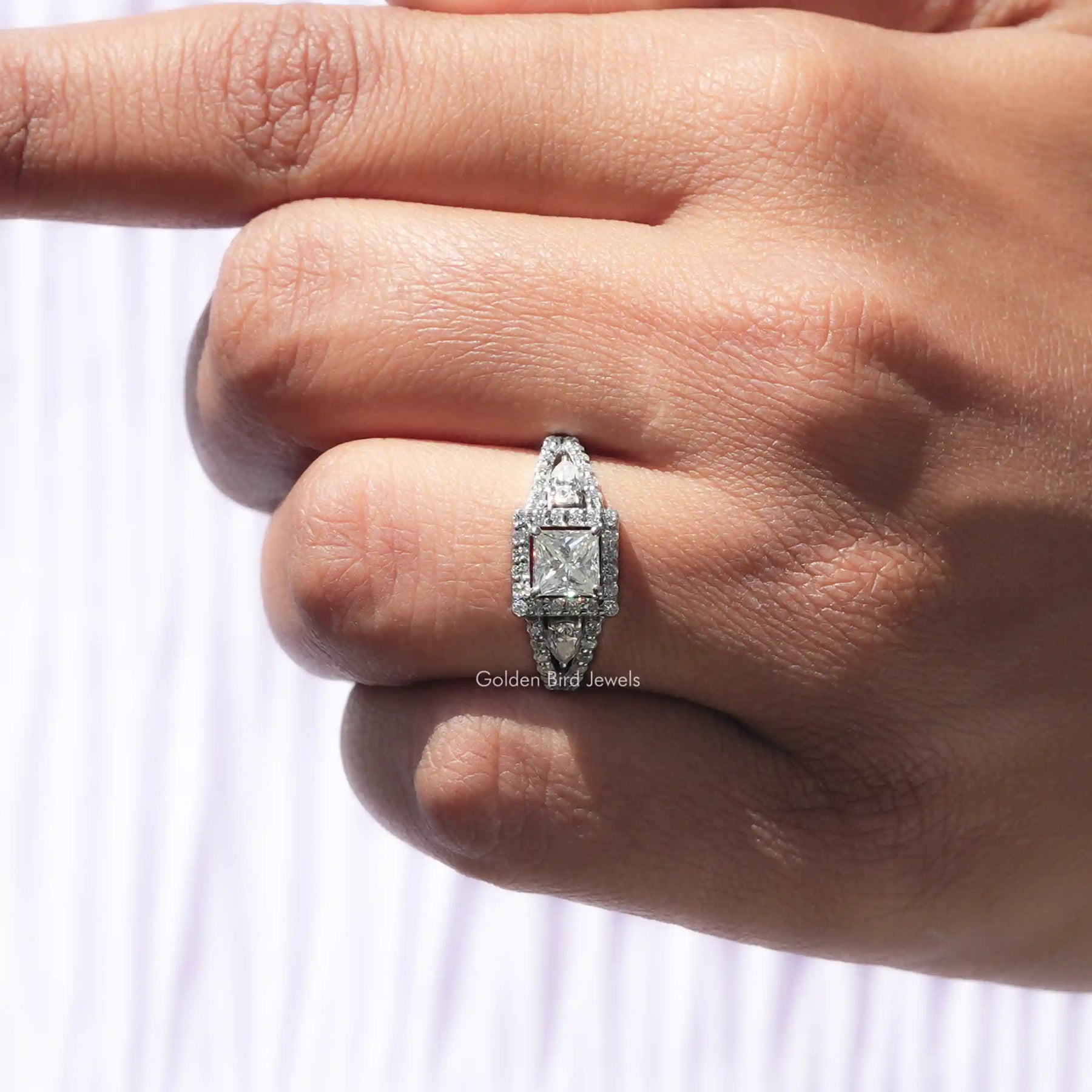 [Three stone princess cut engagement ring]-[Golden Bird Jewels]