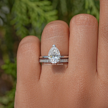 Pear Moissanite Hidden Halo Ring With Eternity Band