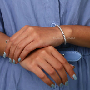 Close view of moissanite chain bracelet in secure setting 