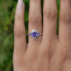 Detailed View of Hexagon Shaped Gemstone Engagement Ring In White Gold
