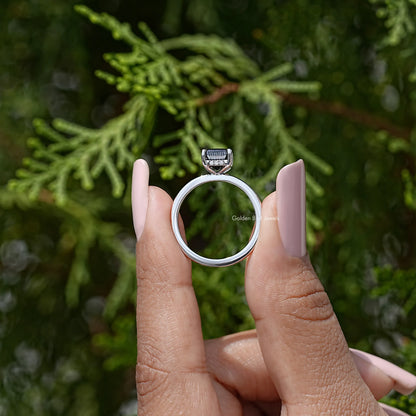 Black Radiant Cut Moissanite Gemstone Hidden Halo Ring