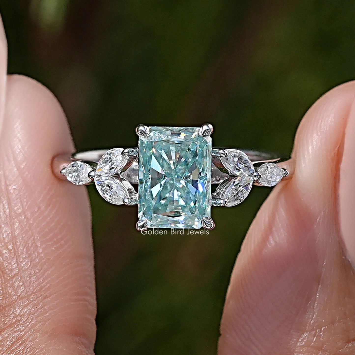 Blue Radiant Moissanite Gemstone Engagement Ring
