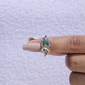 In finger front View of Radiant And Pear Toi Et Moi Ring In White Gold