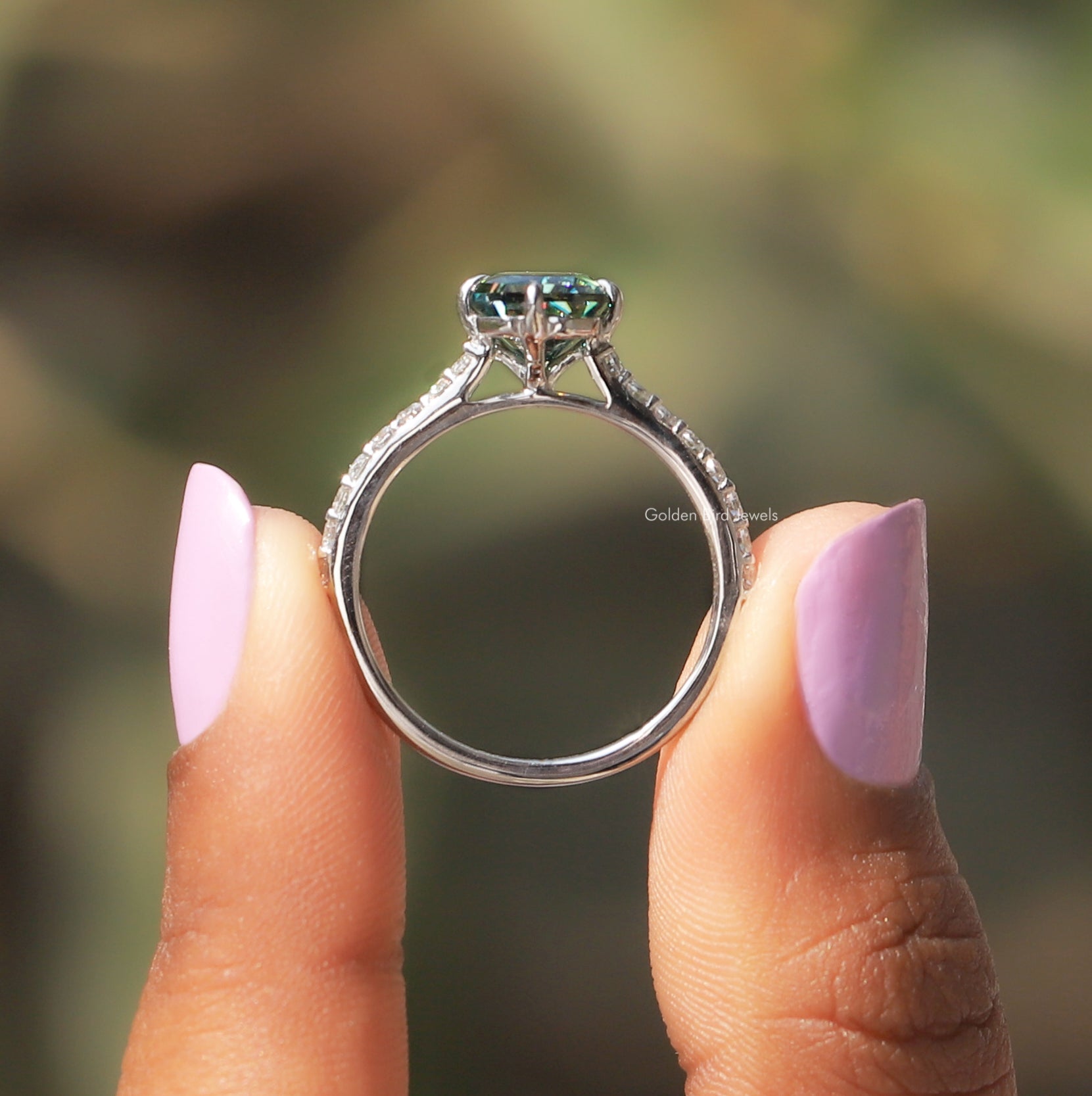 [This radiant cut moissanite ring made of cathedral setting]-[Golden Bird Jewels]
