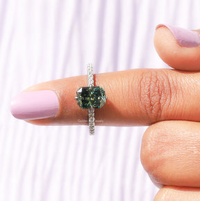 [In finger front view of radiant cut moissanite ring crafted with prong setting]-[Golden Bird Jewels]