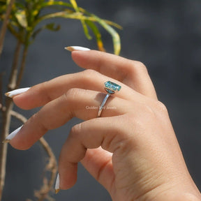 [in finger front view of blue radiant cut solitaire ring]-[Golden Bird Jewels]