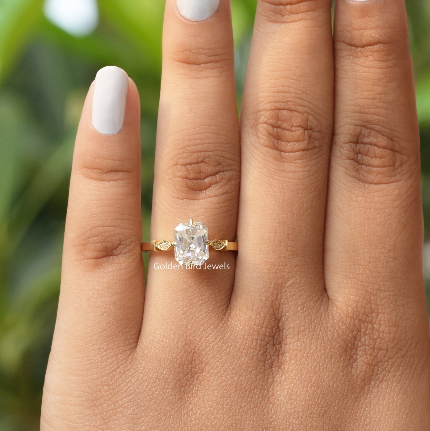 [This radiant cut moissanite ring made of round cut stones]-[Golden Bird Jewels]