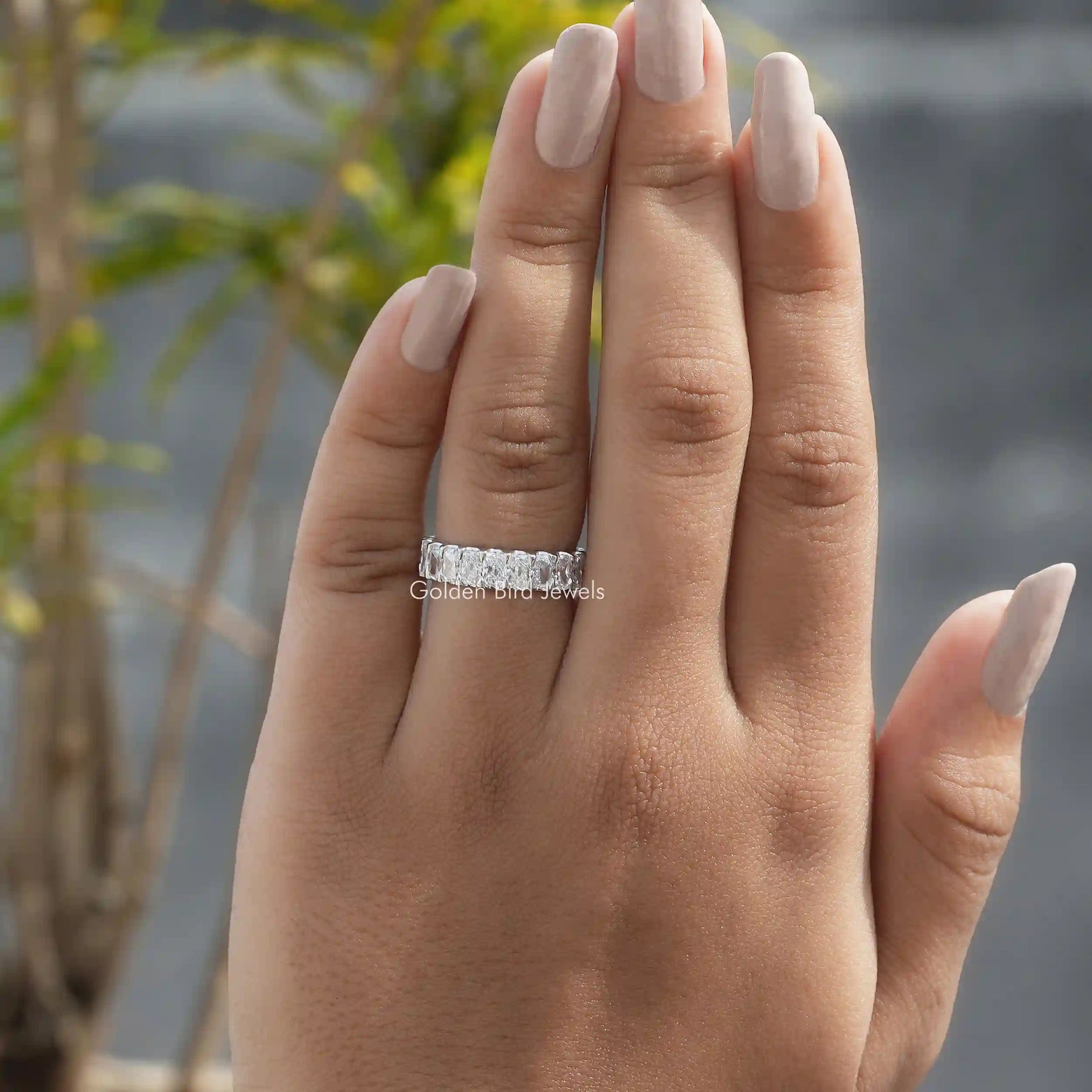 [Radiant cut lab-grown diamond anniversary band made in 18k white gold]