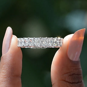 Front View of Radiant Cut Lab Grown Diamond Wedding Band In two Fingers