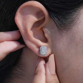 Close-Up View of Radiant Cut Diamond Halo Stud Earrings In White Gold