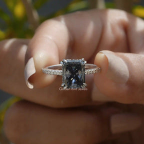 [Radiant cut moissanite hidden halo ring set in double halo setting]