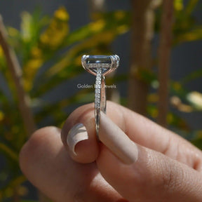 [Grey radiant cut moissanite hidden halo engagement ring with side round cut stones]