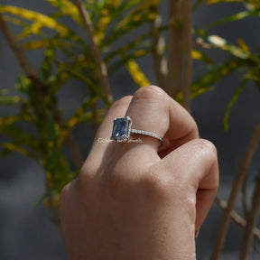 [In finger side view of radiant cut moissanite hidden halo ring at golden bird jewels]