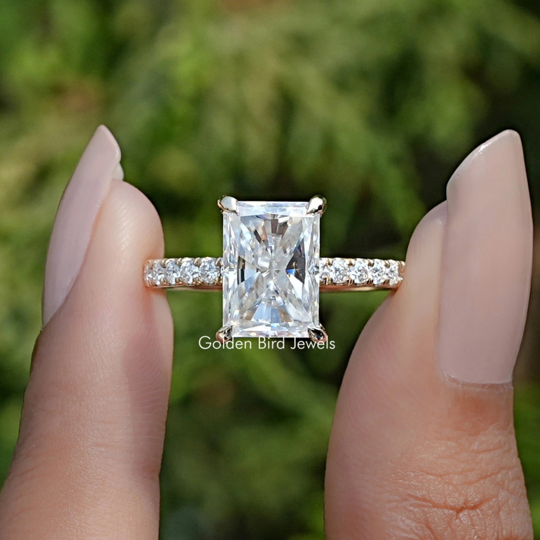 Radiant Moissanite Solitaire Accent Engagement Ring