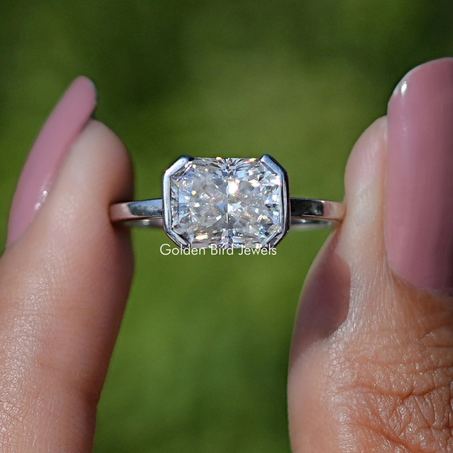 Front view of Radiant Cut Moissanite Solitaire Engagement Ring	