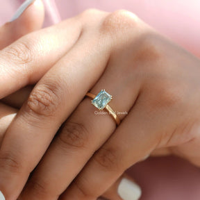 [In Finger Front View Of Radiant Moissanite Ring In Double Prong Setting]-[Golden Bird Jewels]