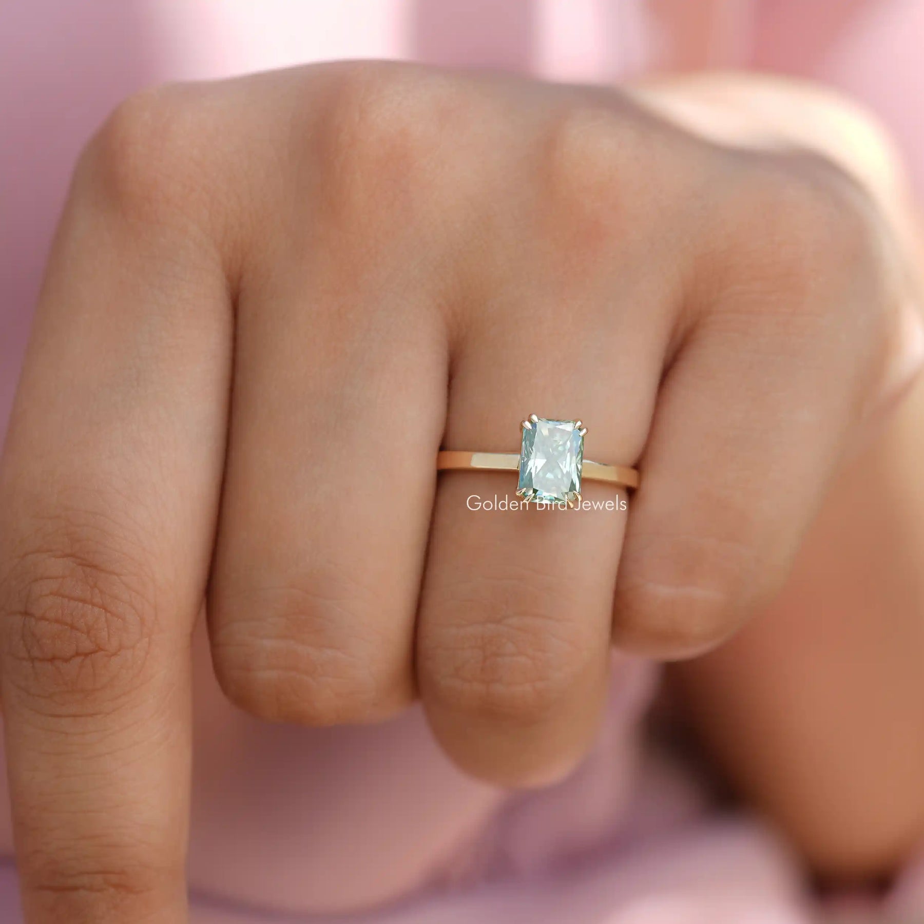[In Finger Front View Of Solitaire Moissanite Engagement Ring]-[Golden Bird Jewels]