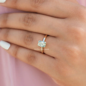 [In Finger Side View Of Fancy Colored Moissanite Engagement Ring]-[Golden Bird Jewels]
