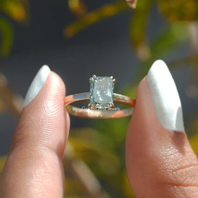 [In Finger a Aqua Blue Radiant Cut Moissanite Engagement Ring]-[Golden Bird Jewels]