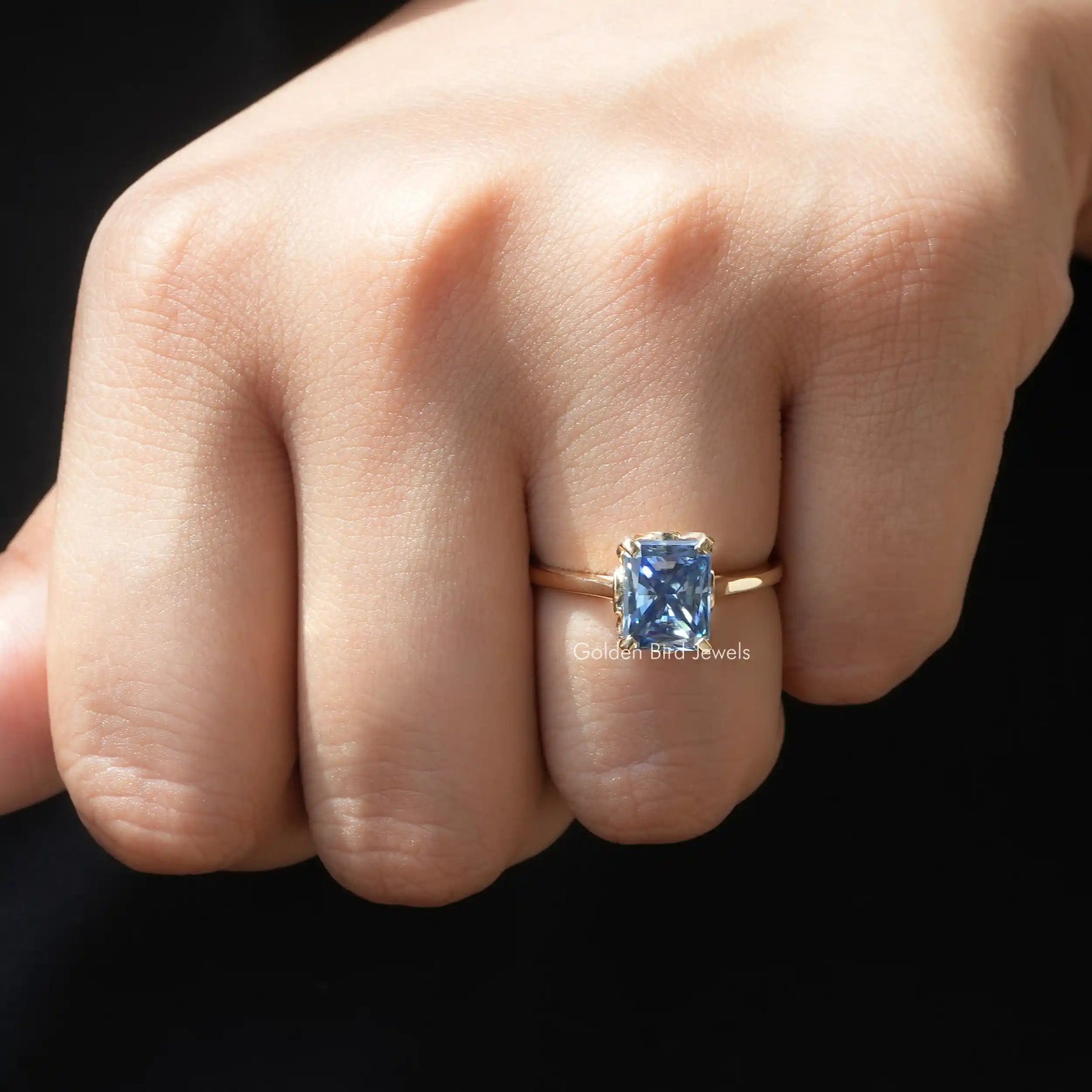 [In Finger front View Of Radiant Moissanite Solitaire Engagement Ring In 18k Yellow Gold]-[Golden Bird Jewels]