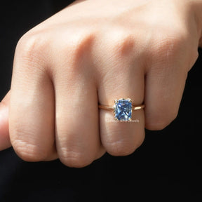 [In Finger front View Of Radiant Moissanite Solitaire Engagement Ring In 18k Yellow Gold]-[Golden Bird Jewels]